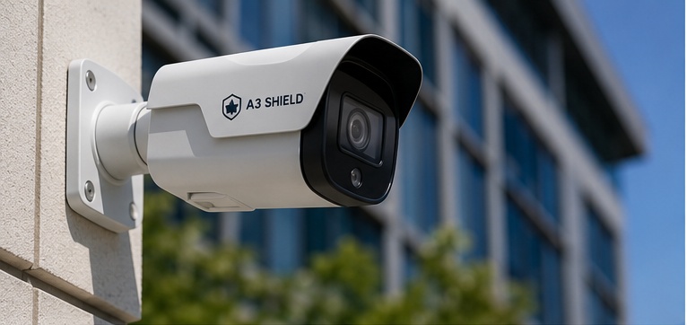 A3 Shield bullet IP camera mounted on the exterior wall of a commercial building