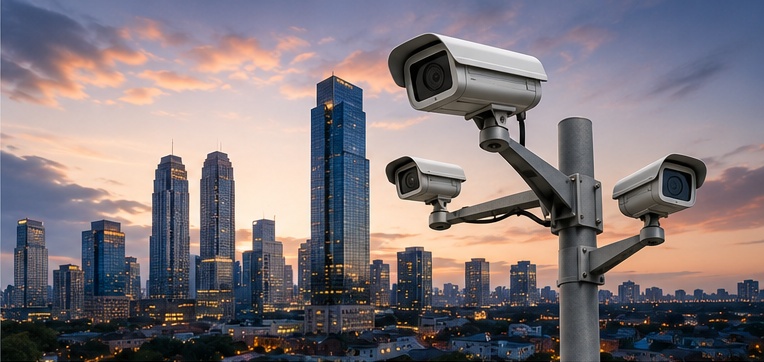Multi-head IP surveillance cameras mounted on a pole overlooking a city skyline at dusk