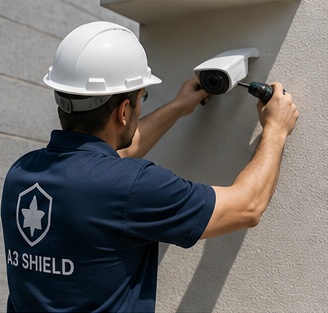 Technician professionally installing and configuring a security camera