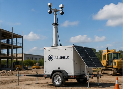 A3 Shield solar-powered mobile CCTV surveillance trailer deployed at a construction site