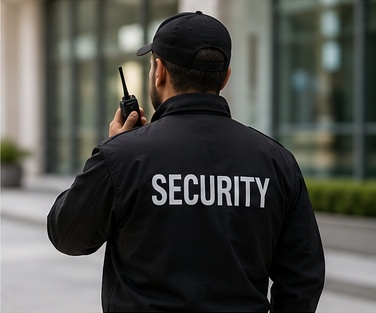 Uniformed security officer on radio outside a commercial property
