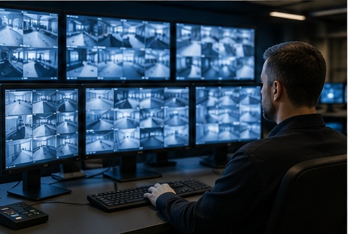 Security operator monitoring a wall of live CCTV feeds in a monitoring center