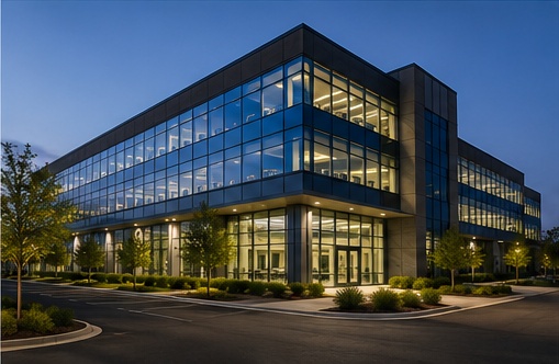 Modern commercial office building illuminated at dusk